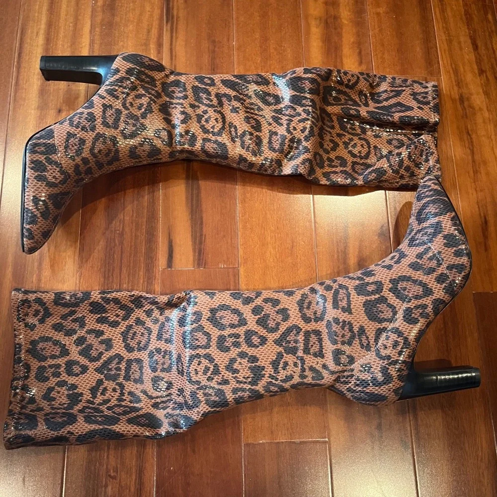 Charles David Tall Boots Dalton Leopard Print Knee High Boots Pointed Toe New 8M